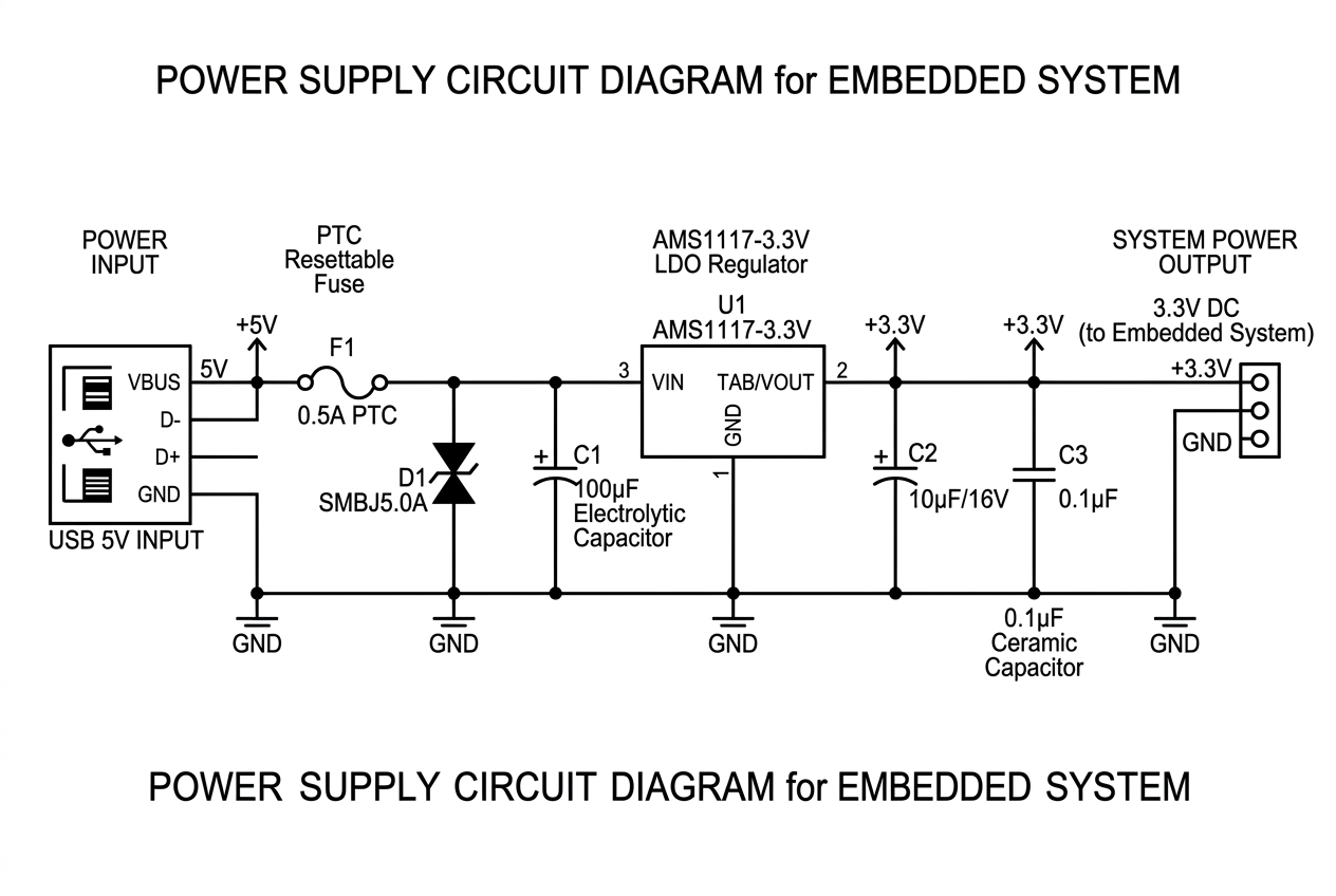 电源电路设计：USB 5V → AMS1117-3.3V LDO
