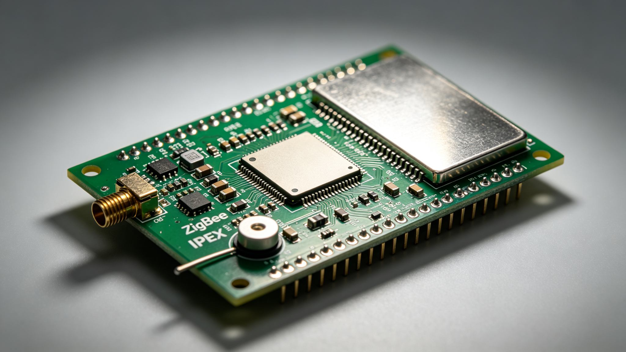 ZigBee模块PCBA电路板：绿色阻焊PCB、金属屏蔽罩与IPEX天线座