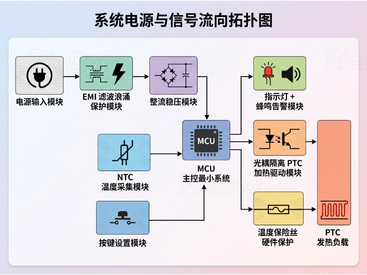 加热饭盒PCBA整体串联拓扑图：从电源输入、EMI防护、整流稳压、MCU主控到光耦隔离PTC加热驱动与温度保险丝保护的完整信号链路